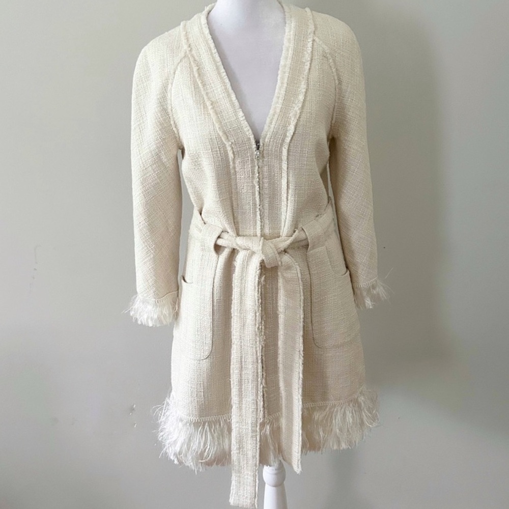 Alexis Cream Off White Tweed Zipper Front Fringe Dress
